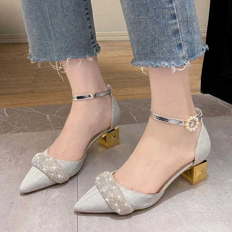 Bling Crystal High Heels Pumps Women Elegant Pearl Buckle Square Heels Wedding Party Shoes Ladies Pointed Toe Ankle Strap Pumps