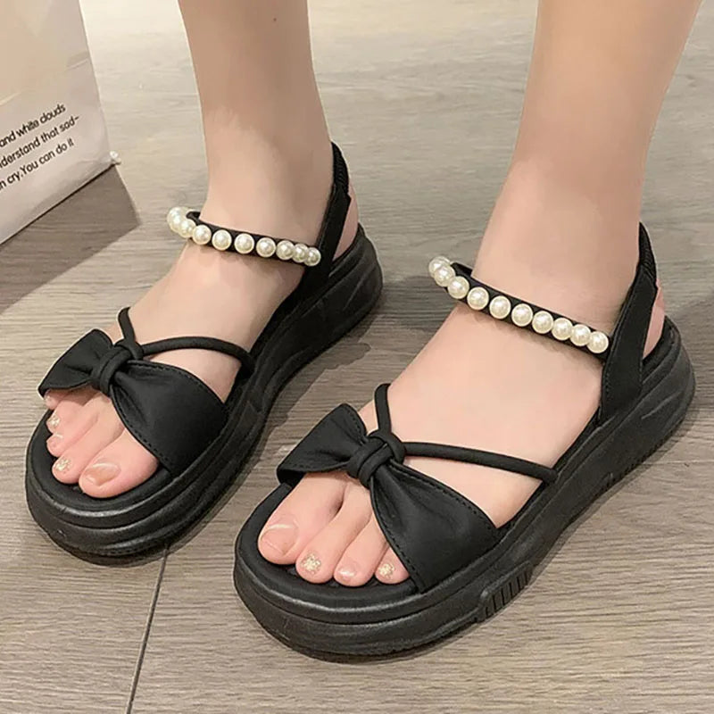 Korean Style Summer Sandals For Women Pearl Chains Travel Beach Footwearn Anti-slippery Women's Princess Shoes Summer Sandals