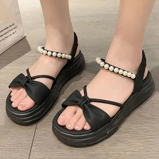 Korean Style Summer Sandals For Women Pearl Chains Travel Beach Footwearn Anti-slippery Women's Princess Shoes Summer Sandals