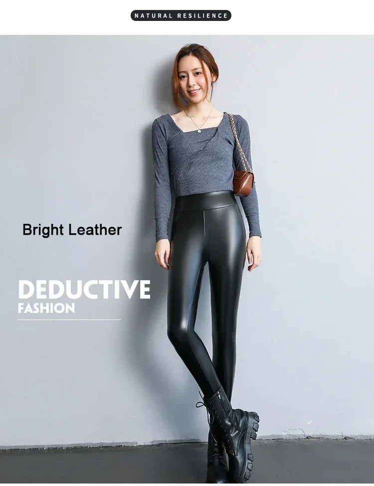 Women's Pants Velvet PU Leather Leggings Winter Ladies High Waist Fleece