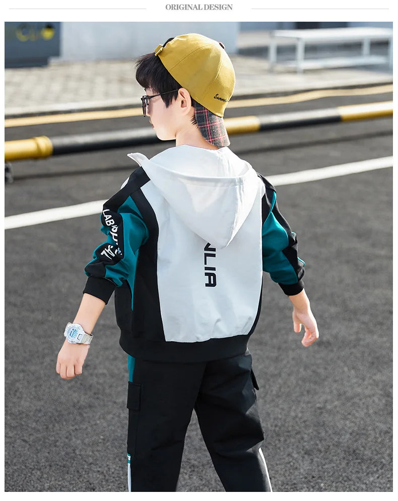 2026 winter spring Tracksuit Clothes Boys Teenager Kids zipper splicing Child set jacket hooded + striped Pant 8 9 10 11 12 year