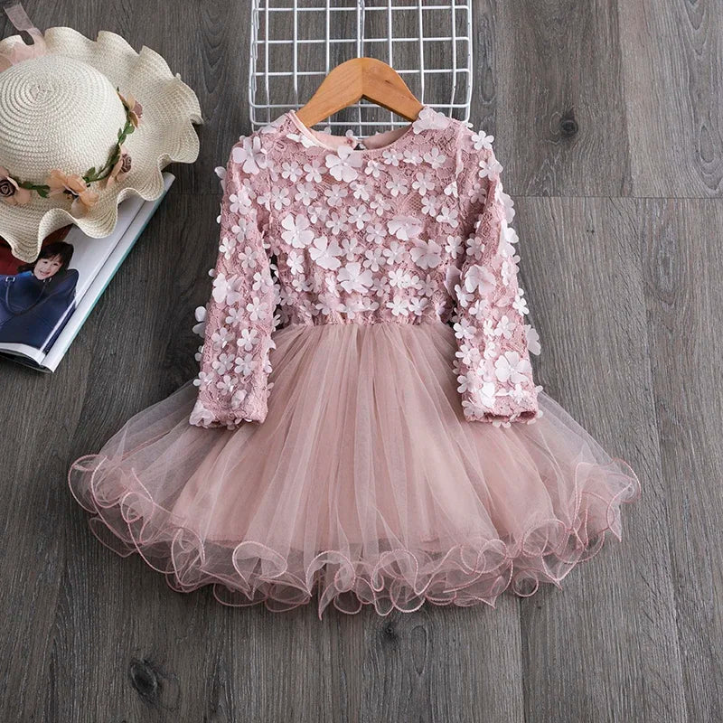 Girls Long Sleeve Flower Dress Kids Lace Dresses For Girls Children