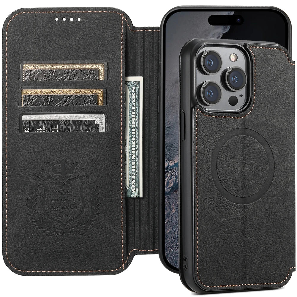 Wireless Charging Leather Phone Case For iPhone 12 13 14 15 16 Plus 17 Pro Max Flip Cover Wallet Card Holder
