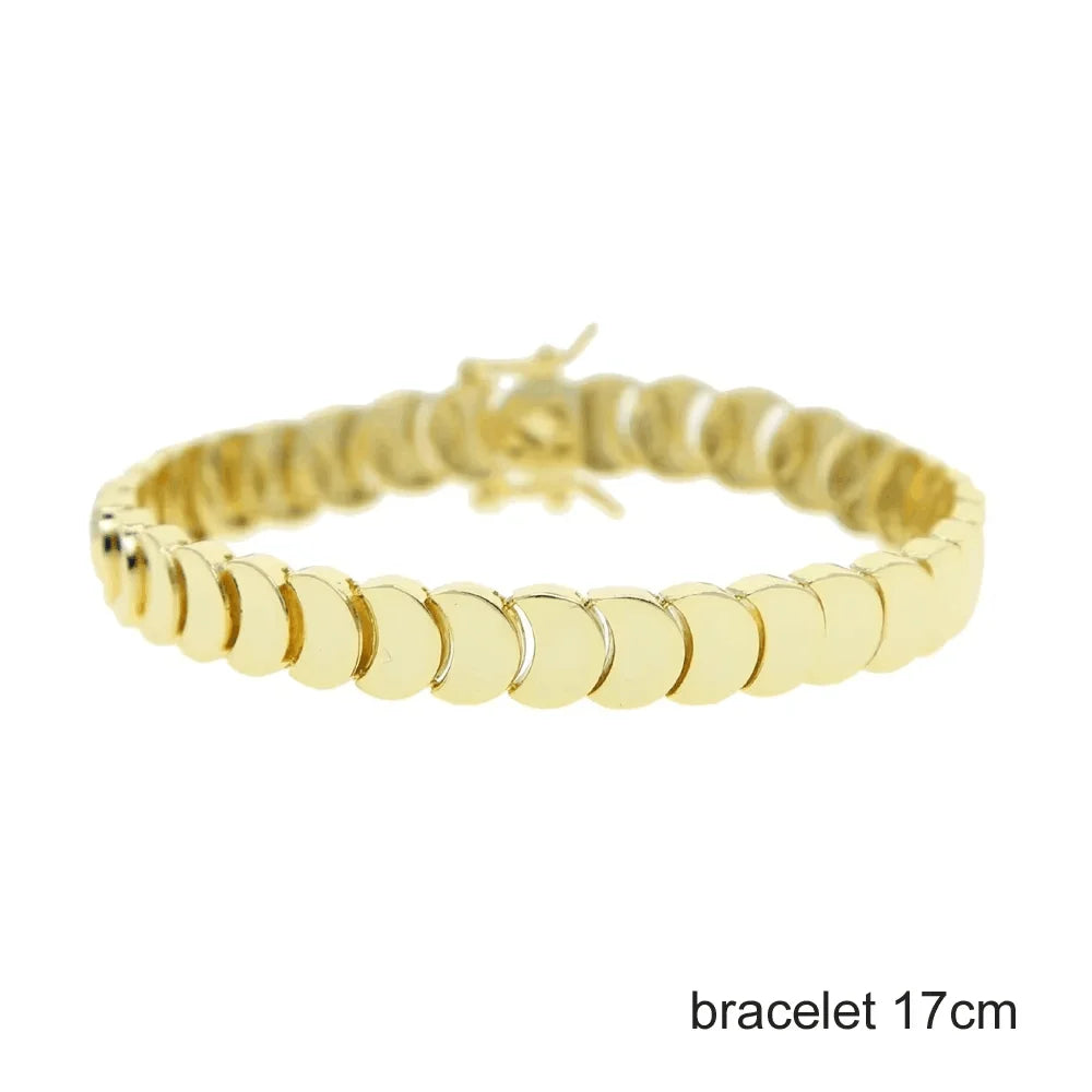 Gold Color Fashion Women Jewelry Set Geometric Shiny Plain Paved 5A CZ Moon Shaped Chain Choker Necklace Bracelet