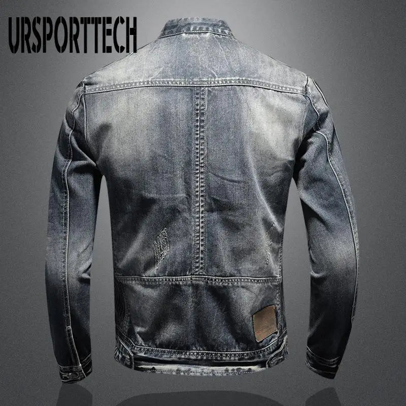 Men's Denim Jacket European and American Casual Retro Stand Collar Zippered Jacket