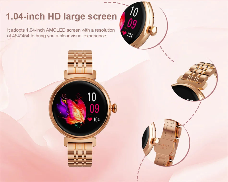 1.04 inch AMOLED Screen Fashion Ladies Smart Watch Screen Always Display Bluetooth Call Smartwatch Metal Body Small Screen Watch