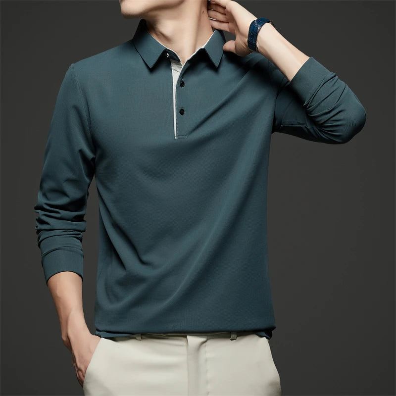 New Men's Business Casual  Long Sleeve Solid Color Polo Shirt Fashionable Warm Comfortable Four Seasons Versatile Top