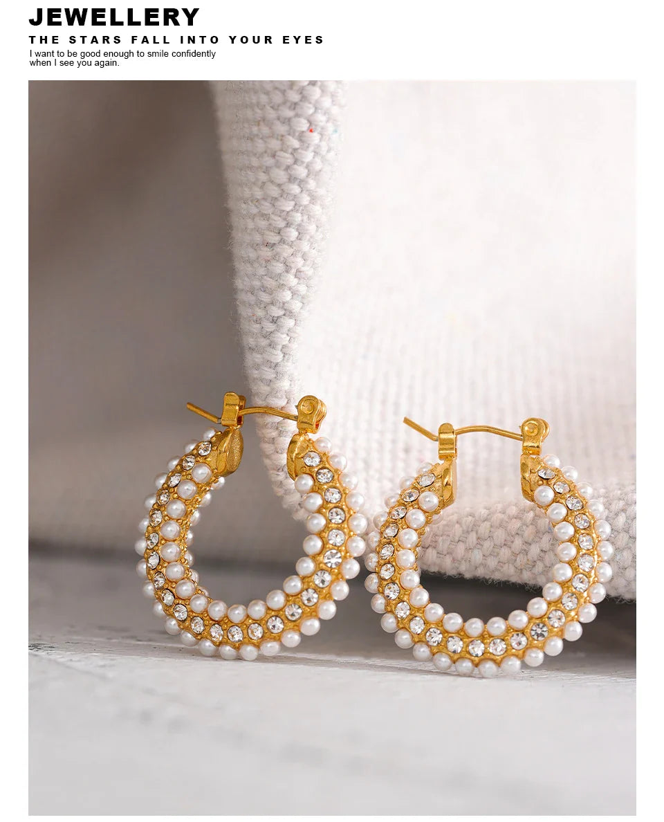 Yhpup Exquisite Luxury Stainless Steel Imitation Pearls Hoop Huggie Earrings Romantic Elegant Fashion Charm Trendy Chic Jewelry