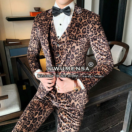 Tuxedo for Mens: Mens Leopard Brown Print Suits Business 3 Pieces Blazer Sets