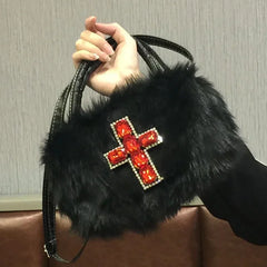 Y2k Gothic Handbag Soft Plush Black Cross Applique Shoulder Bag Fashion