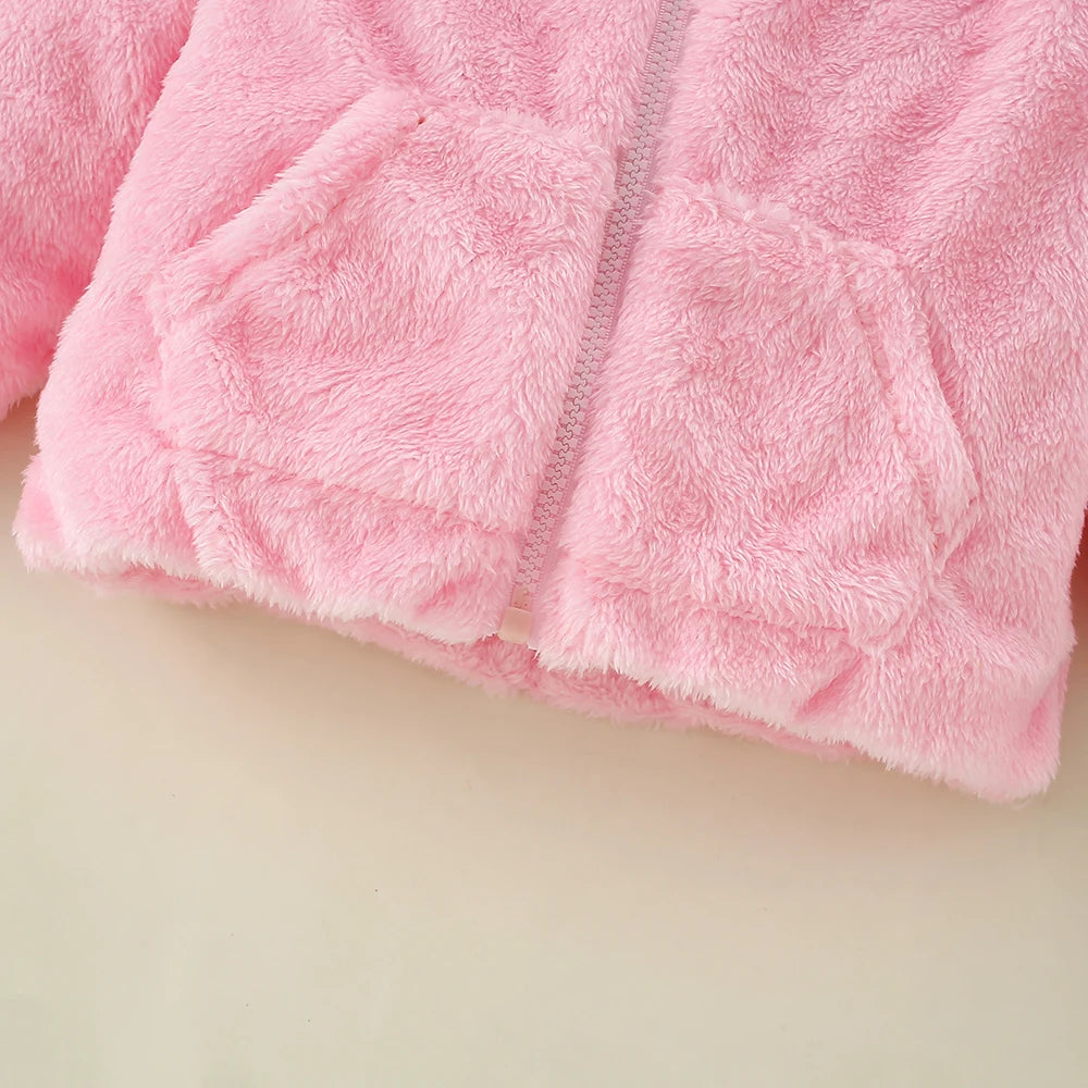 Autumn and Winter Girls' Plush Coat Foreign Trade Ear Hooded Solid Color Zipper Versatile European and American Jacket