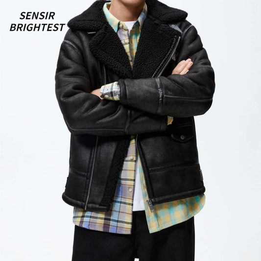 Warm Winter High-quality Lapel Suede Cashmere Piping Double-sided Motorcycle Jacket