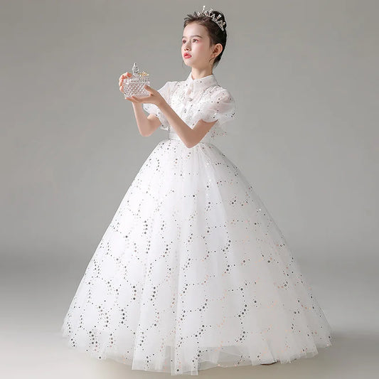 Child Girls Evening White Dress for Wedding Elegant Party Formal Sequin Long Dresses Puff Sleeve Birthday Frock Ball Gown