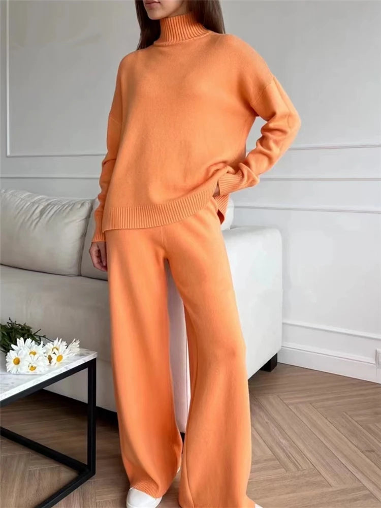 Autumn Winter 2 Pieces Women Sets Knitted Tracksuit Turtleneck Sweater