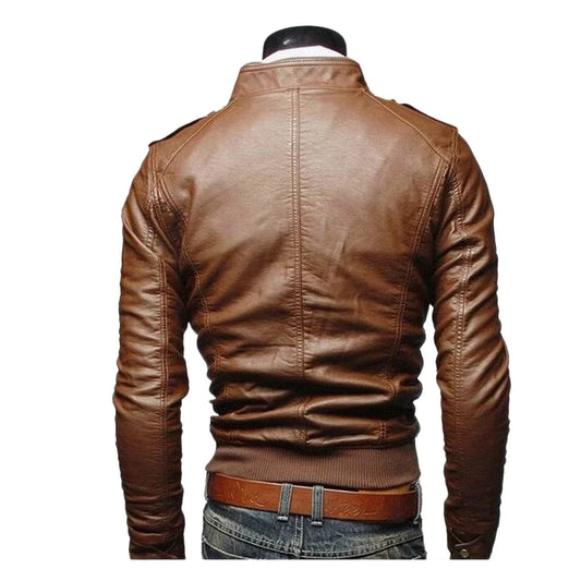 Men Faux Leather Jacket Zippers Men's Stand Collar Coat Spring Autumn Casual