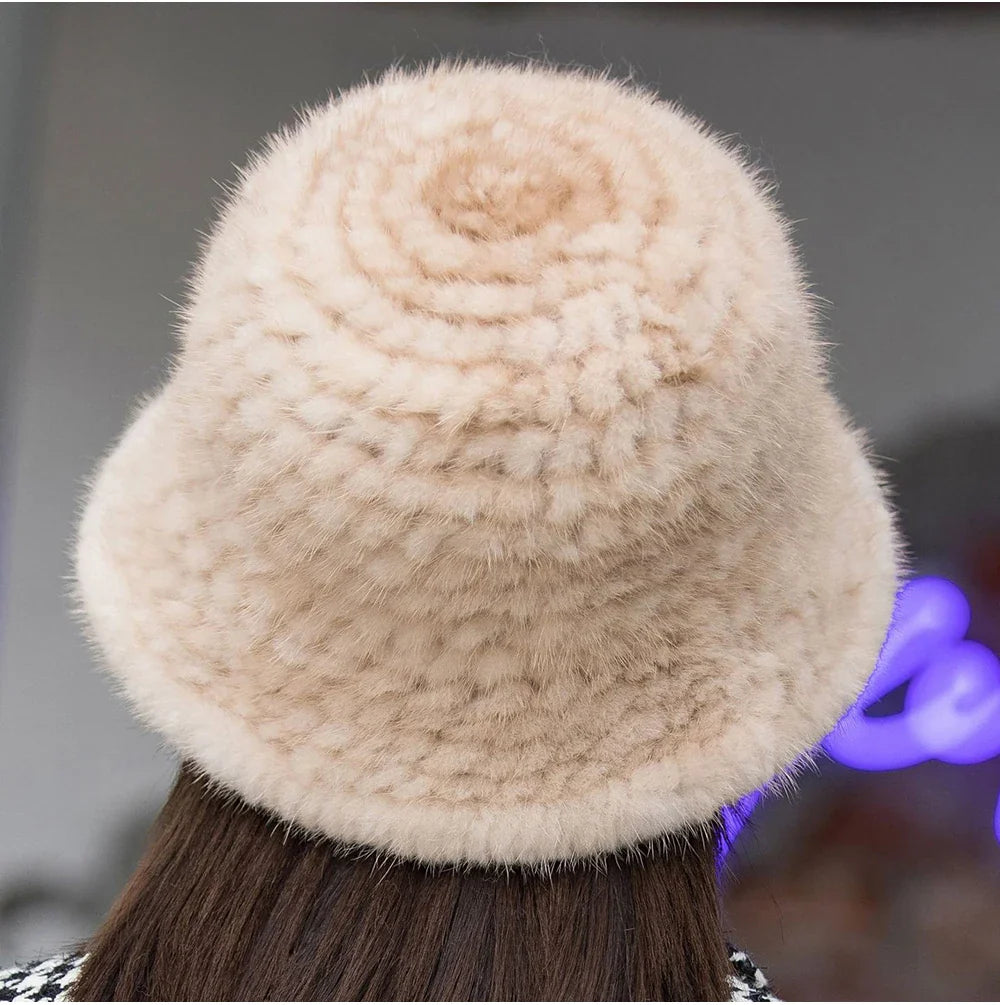 Woman Hat Winter Solid Mink Caps With Flower Natural Mink Fur Hats New Russian Girl Soft Knitting Real Fur Bucket Hats 2026 Warm