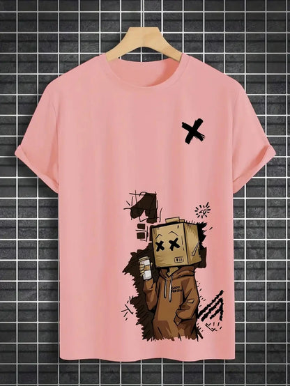 Men's 100% pure cotton fashionable casual sports loose trendy doll graffiti printed round neck short sleeved T-shirt top