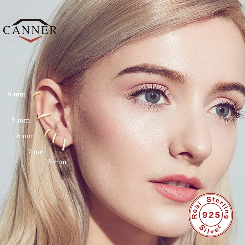 CANNER 6/7/8/9mm Real 925 Sterling Silver Zircon Hoop Earrings for Women Huggie Earring Piercing Earings Jewelry Pendientes