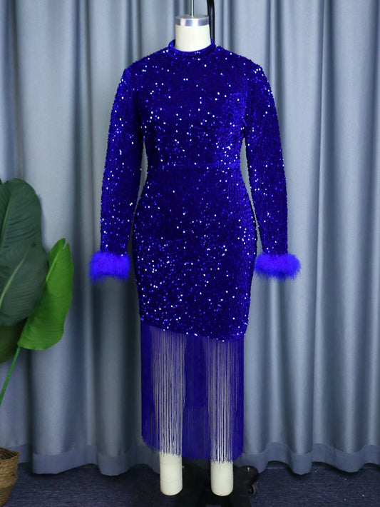 Women Dress Velvet Shiny Glitter Sequin Long Sleeve  Feather Tassel Autumn Gown