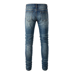 Men Leather Patch Biker Jeans Skinny Tapered Stretch Denim Blue Pants Streetwear