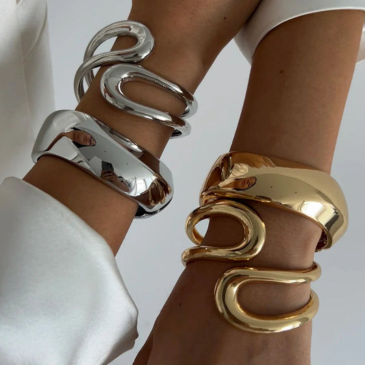 KunJoe Punk Hollow Out Geometric Cuff Spring Bangles for Women Personalized Heavy Metal Chunky Wide Open Bracelet Arm Jewelry