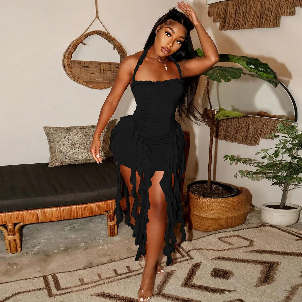 Hugcitar Elegant Halter Solid Ruffles Backless Taseel Sexy Slim Mini Dress Spring Women Cute Outfits Birthday Party Vacation