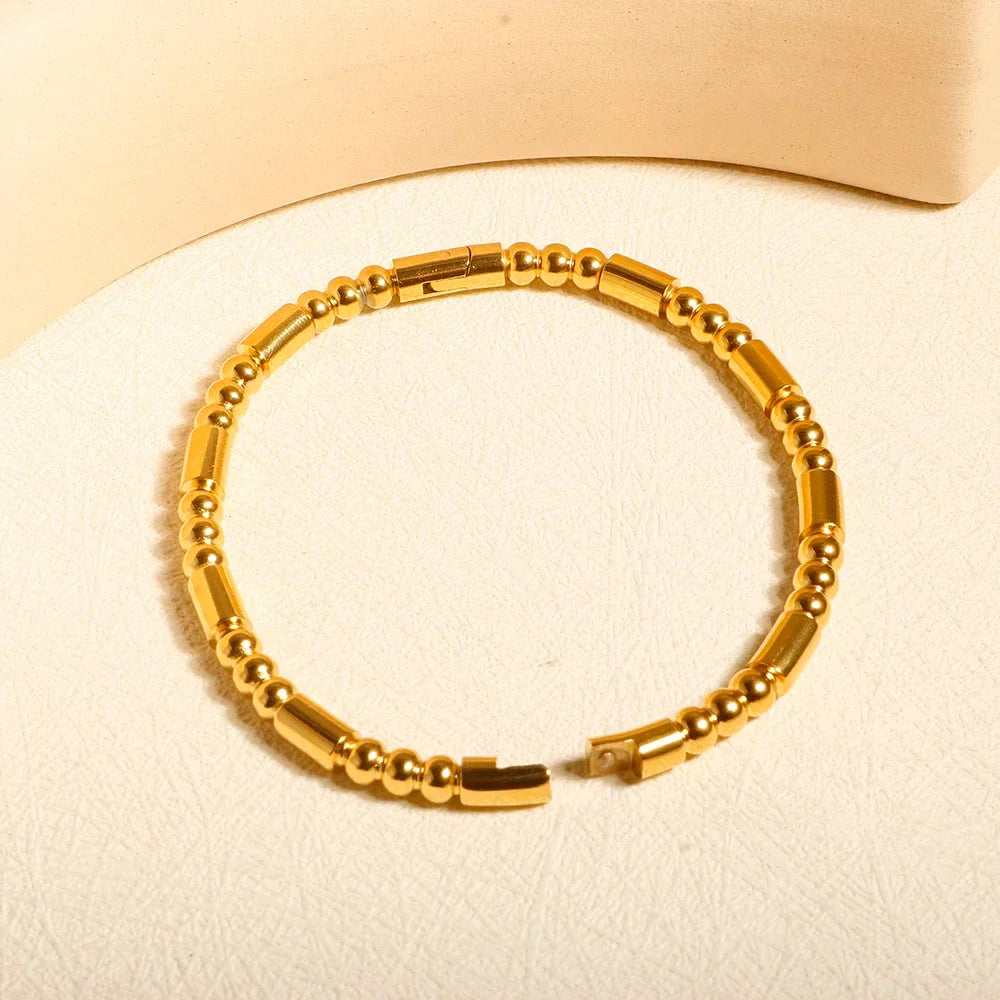 Bamboo Beads Punk Gold Plated Bangle for Women Men Trendy Stainless Steel Metal Bracelets Geometric Round Bead Jewelry Accessory