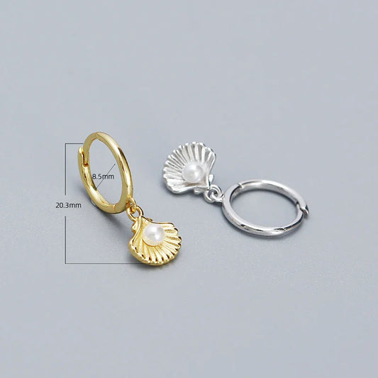WANTME 925 Sterling Silver Romantic Sea Shell Pendant Synthetic Pearl Drop Earrings for Women Trendy Beach Bohemian Part Jewelry