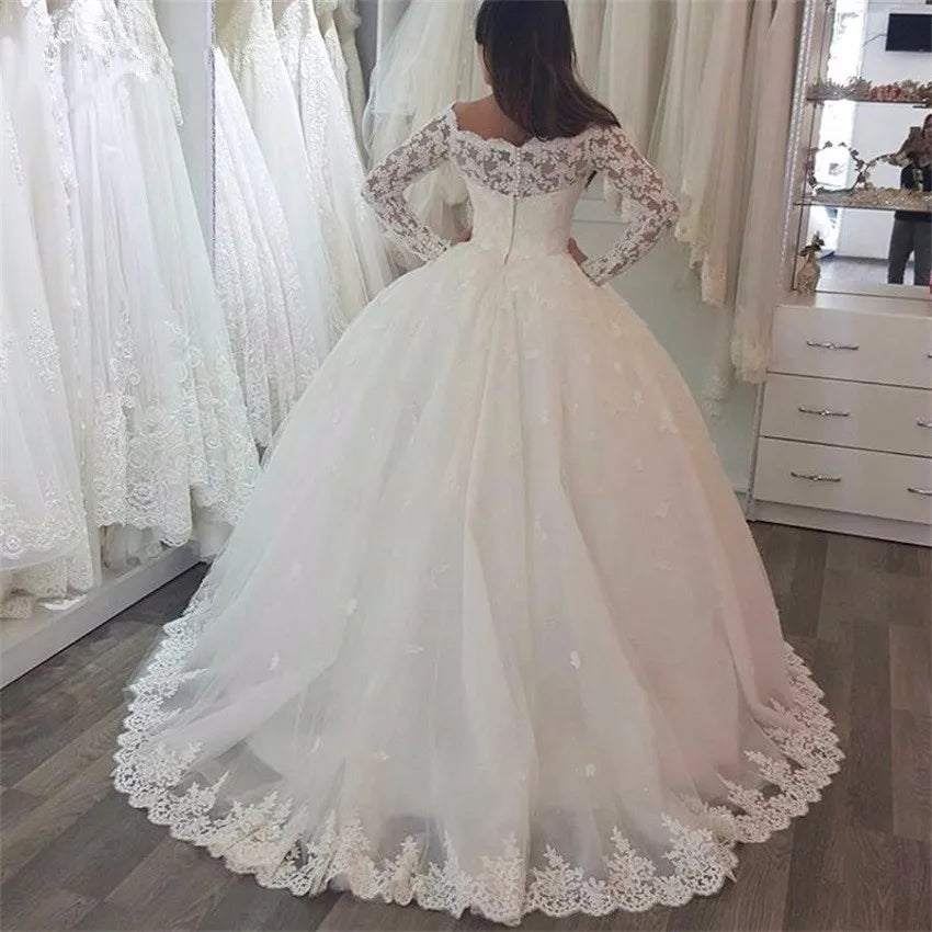 White Bridesmaid Dresses: White Appliques Long Sleeves Puffy Wedding Dresses