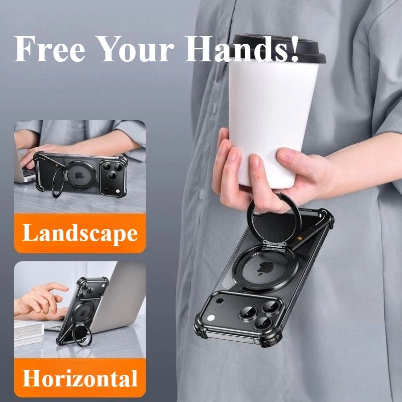 Phone Case for iPhone 17 Pro/Pro Max/17/Air with 360° Rotatable Stand Metal Frameless Magsafe Protective Shockproof