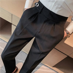 British Style Men Business Casual Dress Pants Men Belt Design Slim Trousers