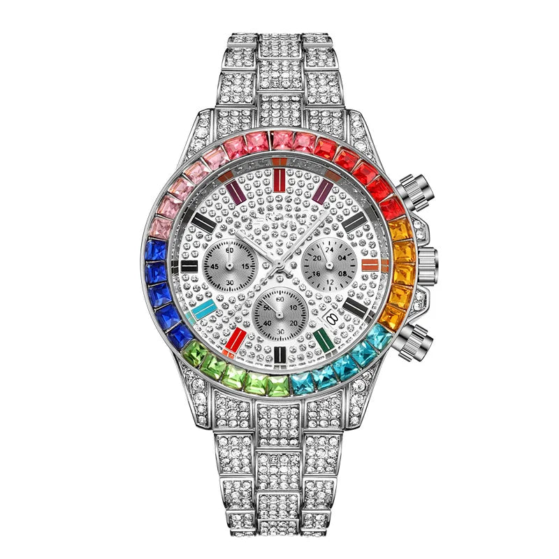 Fashion Hiphop Women Quartz Watch Luxury Cuban Bracelet Chain Sets Rhinestones Dress Wristwatch For Ladies Gift