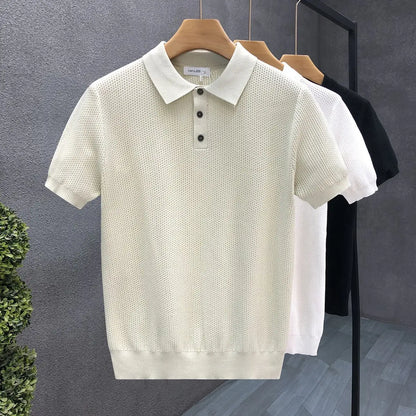 Turn Collar Knit Polo Shirt Short Sleeve Mens Sweater Top