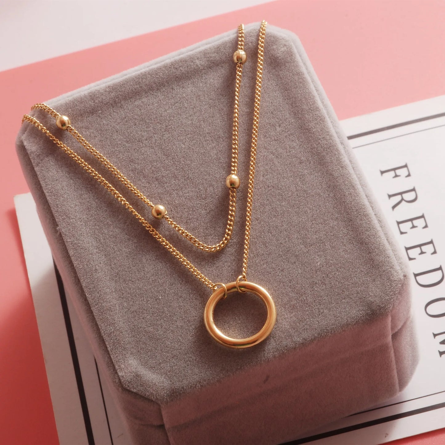 Stainless Steel Double Layer Bead Annulation Pendant Necklace For Women Stacked