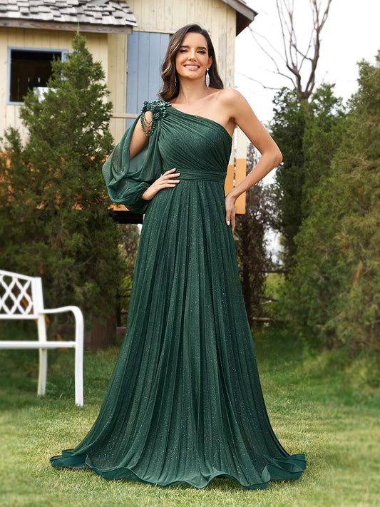 Elegant one-shoulder Long Sleeves Sparkle Floor Length Evening Dress