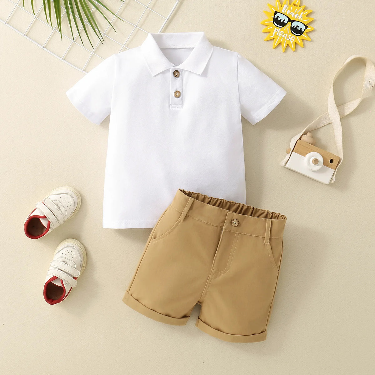 2PCS Summer Boy Children's Shirt Short Sleeved Polo Shirt Neck button Clothes Skin-Friendly Cotton Shirt with Shorts