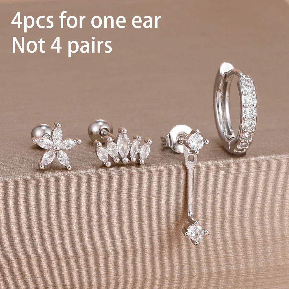 4PCS Stainless Steel Circle Huggie Hoop Earrings Set for Women Gold Color Unique Zircon Flower Stud Earring Piercing Jewelry