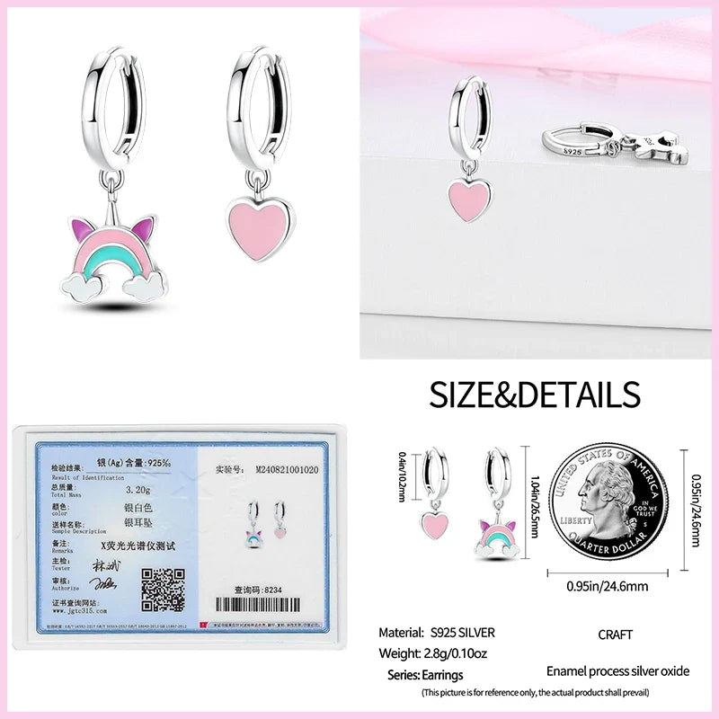 Earrings For Womens 925 Silver Color Pink Rainbow Horse Bear Bee Double Hoop Earrings Fine Engagement Anniversary Jewelry Gifts