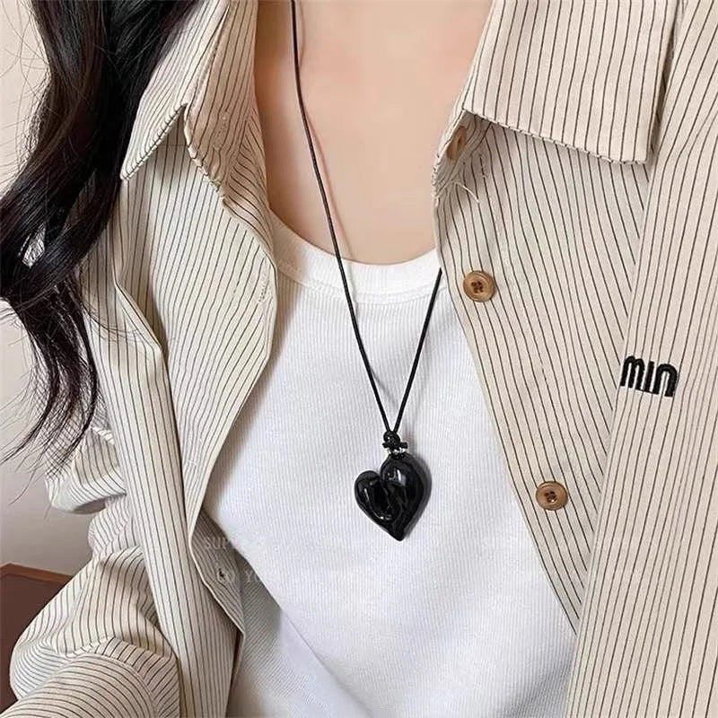 LATS New Heart Pendant Necklace for Women Men 85CM Adjustable Pull-out Sweater Chain Fashion Jewelry Accessory Gift