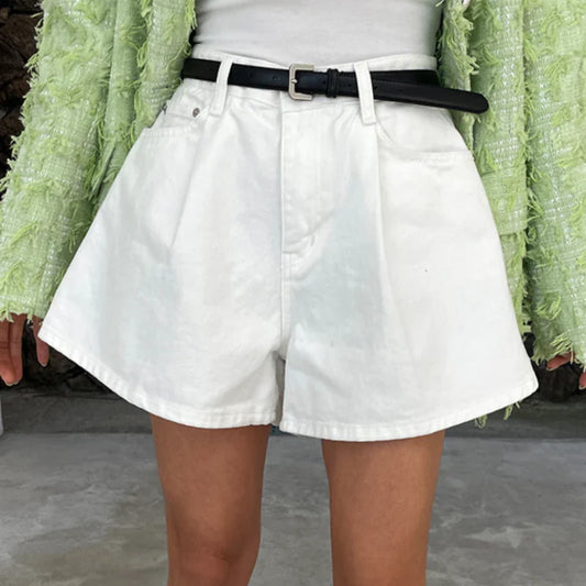 REALEFT Summer Washed High Waist Women's A-line Denim Shorts Pocket White 2025 New Casual Loose Wide Leg Jeans Shorts Female