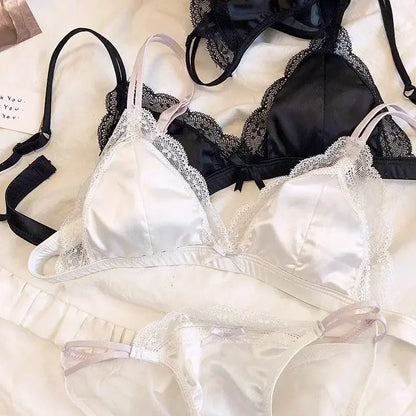 French Simple Lace Non-Underwire Triangle Cup Thin Bra Big Chest Small Top