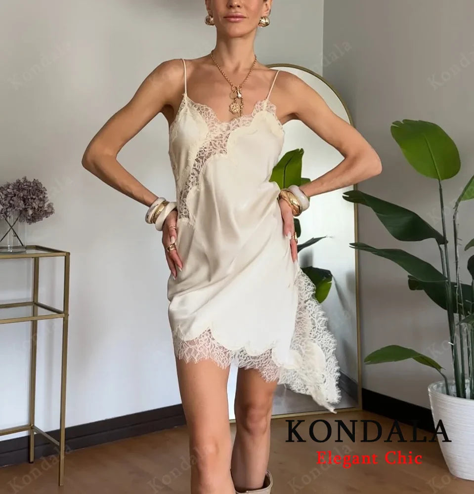 KONDALA Lady Elegant Lace Halter Y2K Dress Satin Asymmetrical Mini Dress 2025 Summer Fall High Street Party Hot-Sexy Women Dress
