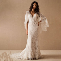 Long Batwing Sleeves Lace Wedding Gowns Plus Size Criss Cross