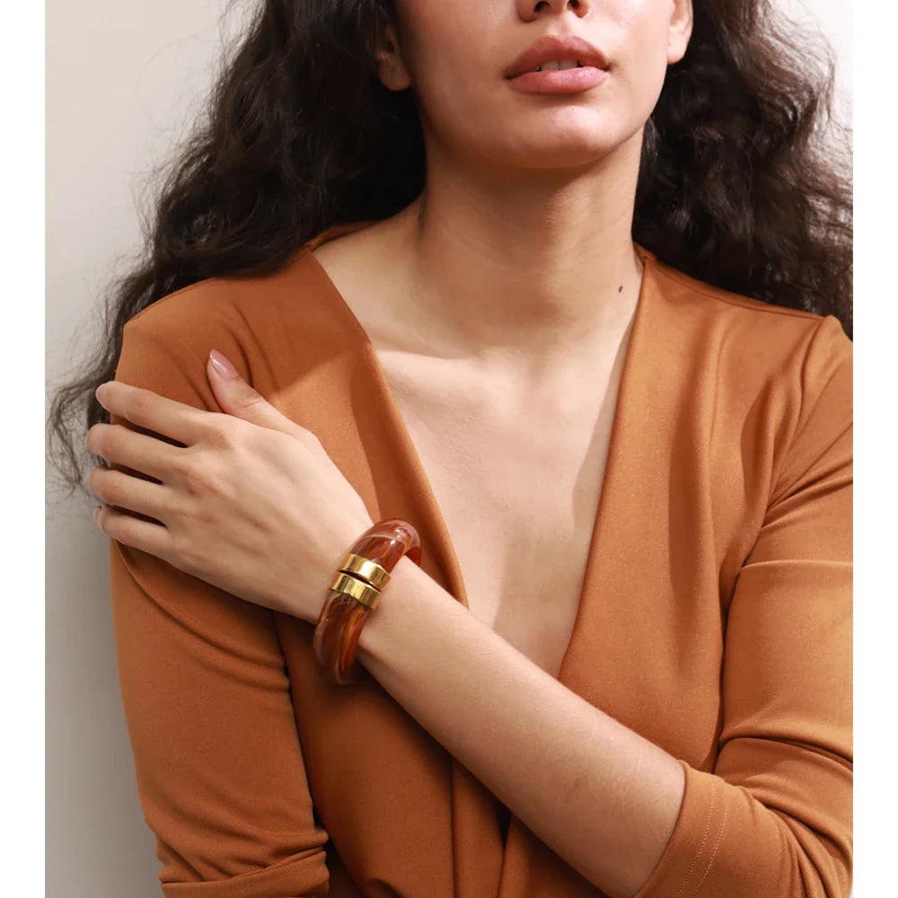 Yhpup 66mm Green Pink Brown Purple Acrylic Thick Bracelet Bangle for Women Stainless Steel Arrivals 2025 Wrist Jewelry Gift