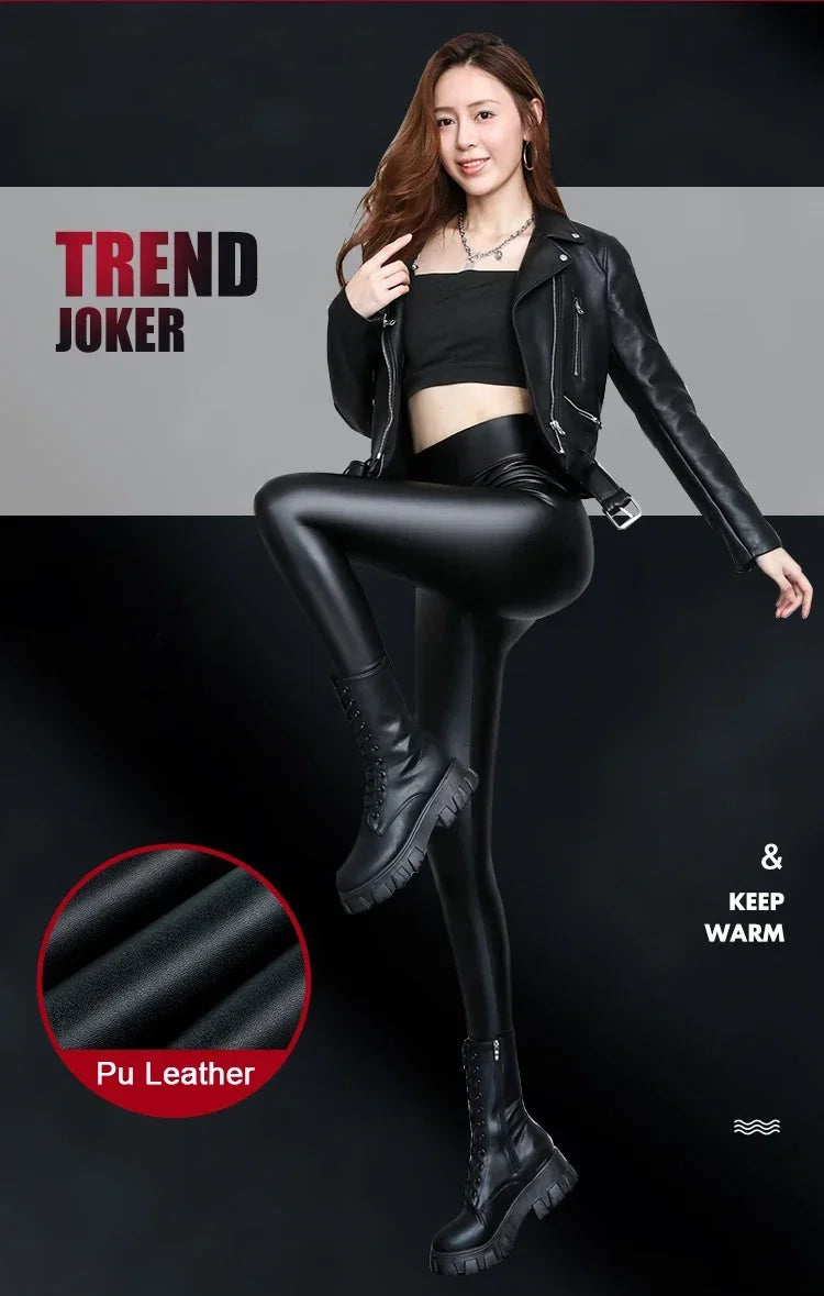 Women's Pants Velvet PU Leather Leggings Winter Ladies High Waist Fleece