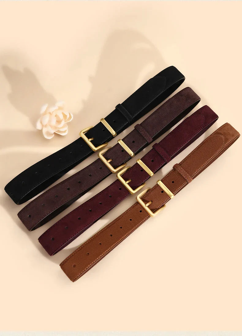 Luxury Suede Cowhide Leather Belt for Women, Vintage Style with Gold Buckle, 3.3cm Wide Waistband for Dresses & Jeans