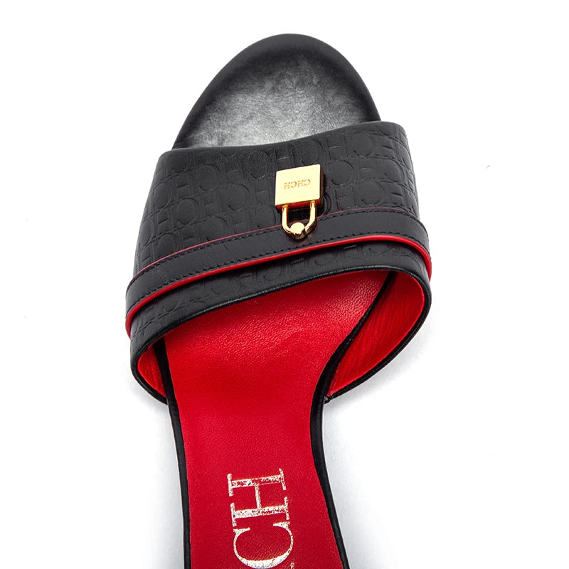 Minimalist and Versatile Leather Women's Low Heel Slippers, Fashionable and Comfortable, With Printed Letters