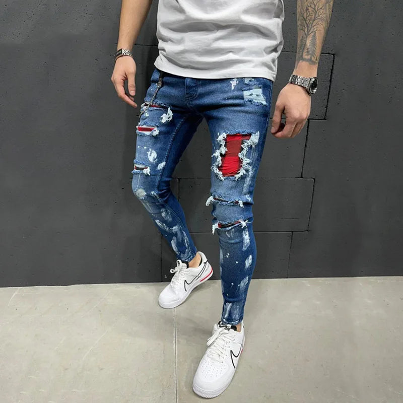 Ripped Jeans Men Stretch Skinny Grey Blue Black Hip Hop Denim Trousers Streetwear