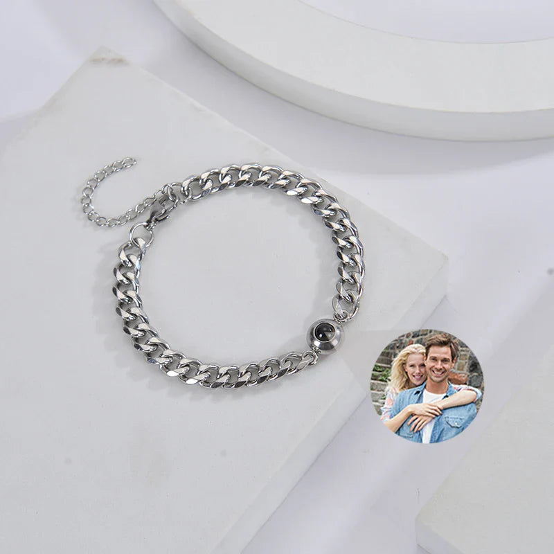 Custom Bracelet with Picture Inside Titanium Steel Cuban Link Chain Bracelet with Personalized Photo Projection for Men Women