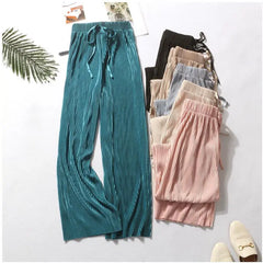 Women Fashion Summer Wide Leg Pants Pleated Ice Silk Trousers Elastic Waist Pants